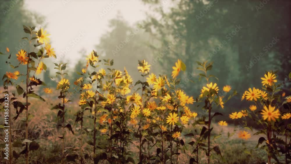 A field full of yellow flowers in the middle of a forest A field full of yellow flowers in the middle of a forest