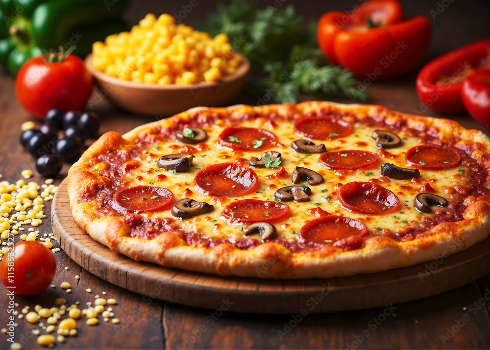 A pepperoni pizza sits on a wooden board with a variety of vegetables A pepperoni pizza sits on a wooden board with a variety of vegetables