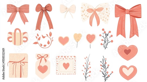 Gift Wrapping and Ribbon Graphic Elements Set for Valentine’s Designs, Romantic Gift Wrapping and Boxes,Valentine’s Day, Day of Love