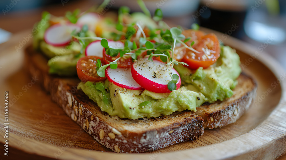 Whole grain toast topped with mashed avocado, cherry tomatoes, radish slices, and microgreens Whole grain toast topped with mashed avocado, cherry tomatoes, radish slices, and microgreens