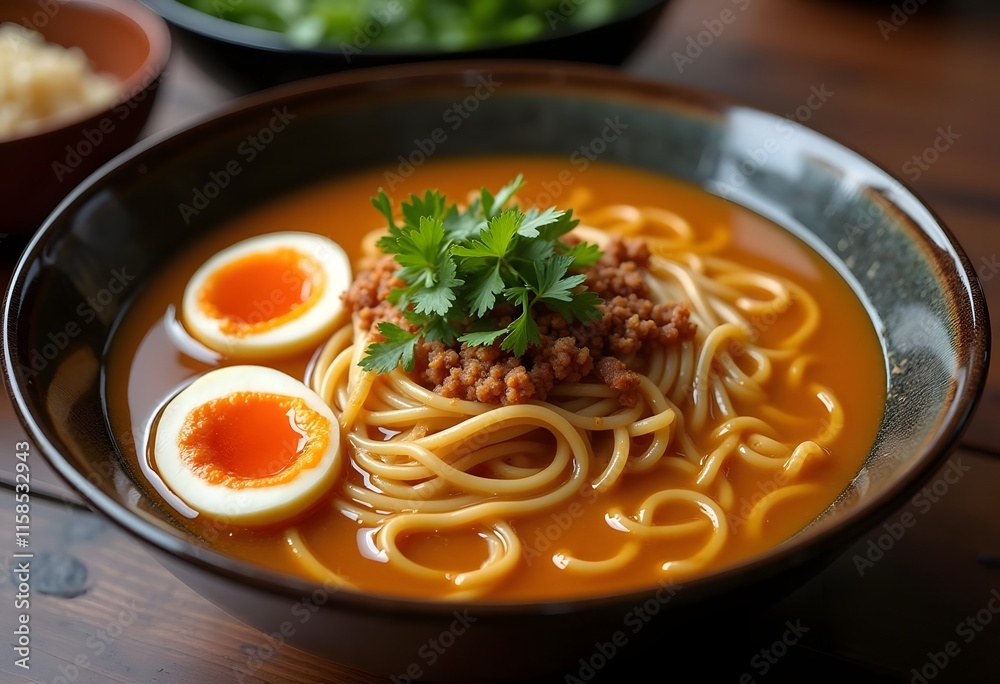 Hot ramen noodles with steamy water on the table. Scoop it up with chopsticks.

