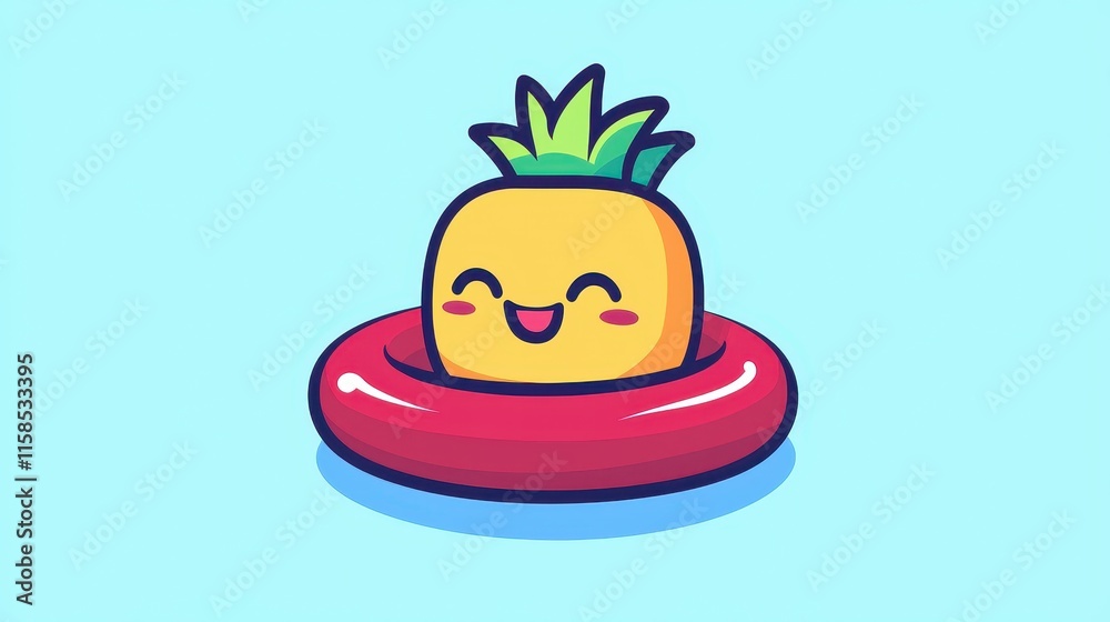 Cute Pineapple Cartoon in Red Pool Float Summer Fun Cute Pineapple Cartoon in Red Pool Float Summer Fun