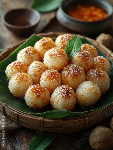 Fried or Baked Spherical Food, Sesame-Seed Garnished, Woven Basket, Rustic Setting, Spices and Sauce