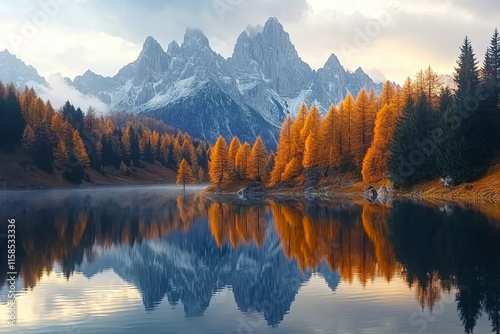 Scenic mountain lake landscape with autumn foliage, calm water reflections, and serene natural beauty ideal for travel promotions, nature photography, and relaxation themes