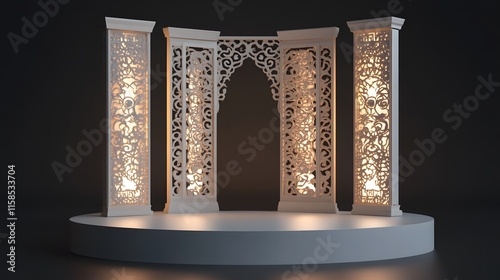 A white podium decorated with intricate Chinese designs, illuminated by soft lantern lights, leaving room for a product display