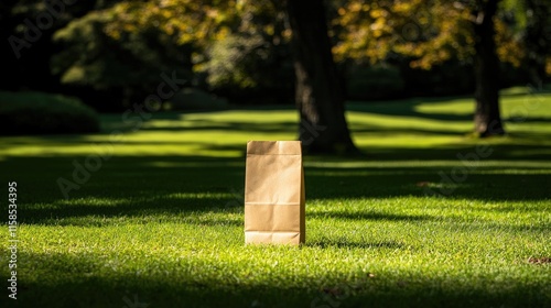 A brown paper bag sits on a lush green lawn in a sunny park.