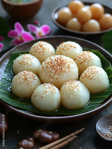 Sesame-Seed Coated Dumplings in Wooden Setting, Healthy Eating Stock Image