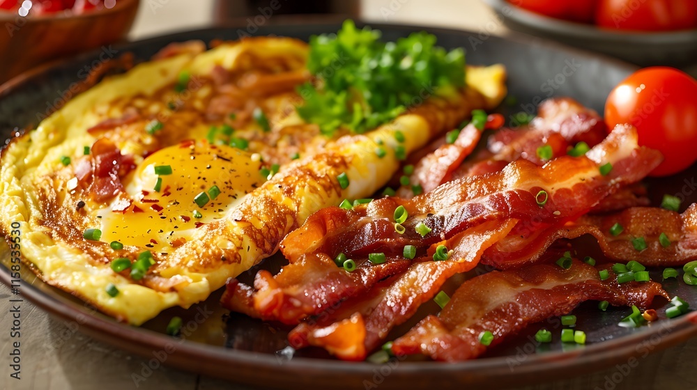 A delightful brunch platter of crispy bacon and a classic omelet A delightful brunch platter of crispy bacon and a classic omelet