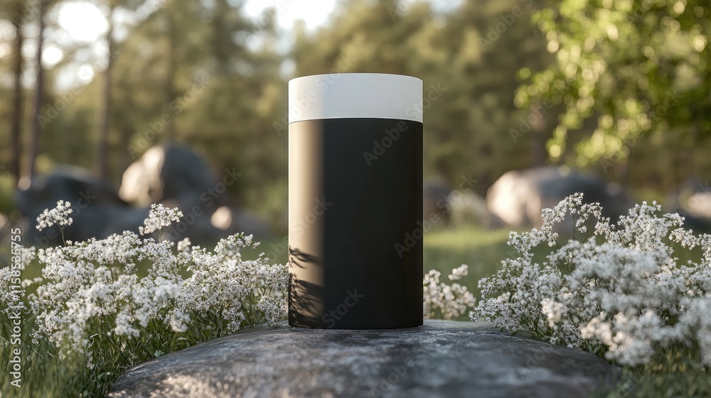Black and white cylindrical container mockup in a serene outdoor setting, surrounded by delicate white flowers and rocks. Black and white cylindrical container mockup in a serene outdoor setting, surrounded by delicate white flowers and rocks.