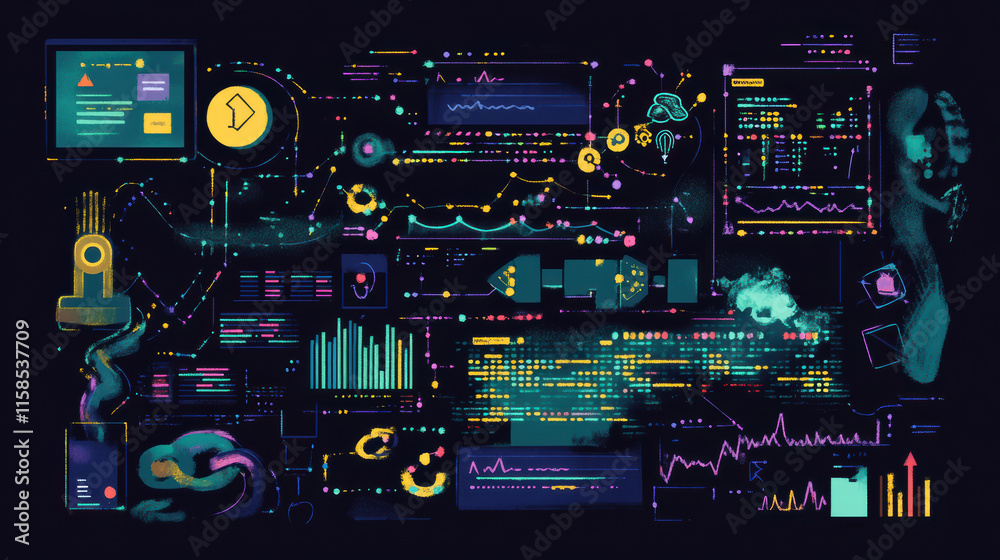 conceptual image of software development featuring colorful data visualizations, graphs, and coding elements. This vibrant design represents complexity of programming and analytics conceptual image of software development featuring colorful data visualizations, graphs, and coding elements. This vibrant design represents complexity of programming and analytics