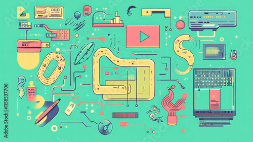 vibrant conceptual illustration of software development featuring coding elements, graphs, and digital tools. This design captures essence of programming and technology