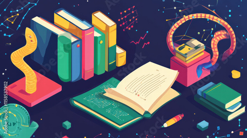 creative coding environment featuring Python books, devices, and tools. vibrant illustration showcases snake, books, and coding elements, inspiring innovation and learning