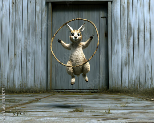 Playful kangaroo joyfully jumping through a rope hoop in front of a rustic barn.  A whimsical and fun image perfect for children's books or websites. photo