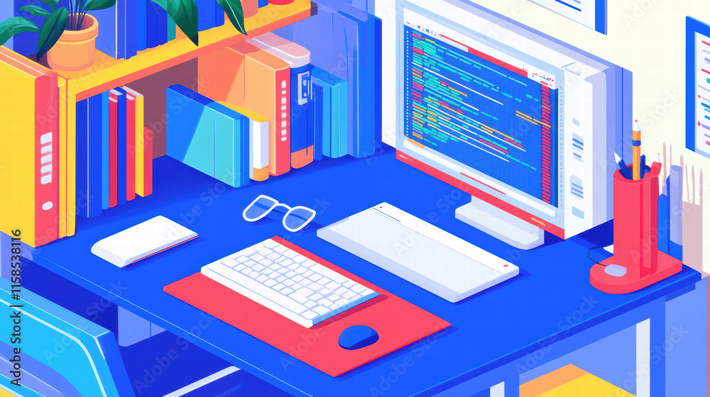 vibrant creative workspace featuring computer, programming books, and stationery. colorful setup inspires productivity and coding enthusiasm vibrant creative workspace featuring computer, programming books, and stationery. colorful setup inspires productivity and coding enthusiasm