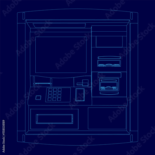Blue image of a bank teller machine. The machine has a blue color scheme and is shown