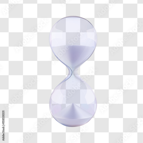 White sand running hourglass isolated. Glass clock for time countdown. 3d watch vector render, sandglass budget timer. Abstract realistic isolated game icon. Transparent vintage old golden stopwatch.