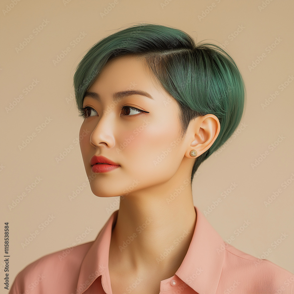 Fototapeta premium Elegant portrait of a woman with green hair indoor studio photography soft lighting side view contemporary fashion style