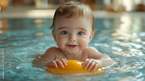 A baby plays with a small inflatable toy in a shallow kiddie pool