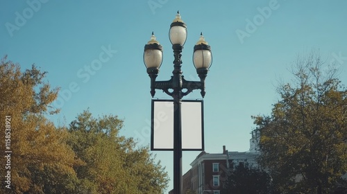 Blank advertising sign on a lamppost in a park with trees and buildings in the background.