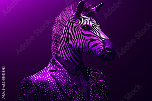 Stylish zebra in a purple suit, vibrant purple lighting, digital art, unique animal fashion, modern artwork. photo