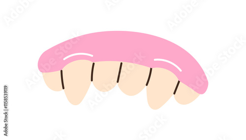 Gummy, teeth-shaped jelly candy. Chewy gum with fangs, sweet snack. Soft sugar treat. Funny confectionery. Gelatin food, marmalade. Flat graphic vector illustration isolated on white background