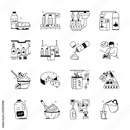 Set of illustrations depicts various stages of dairy production, from raw milk and fruits to processed products like yogurt, cheese, and milk