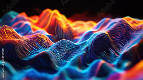 Vibrant abstract waves in blue, orange, and red colors create dynamic visual. flowing lines evoke sense of movement and energy, perfect for digital art enthusiasts