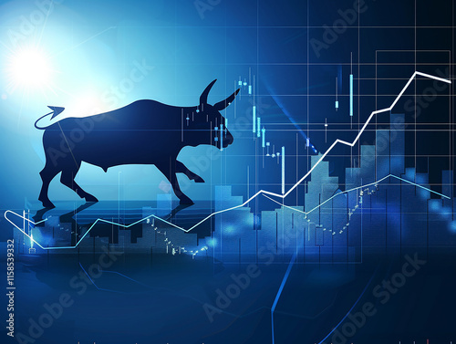 Abstract widescreen financial chart with line graph arrows and arrows in upward trend and bull icon walking sideways in stock market photo