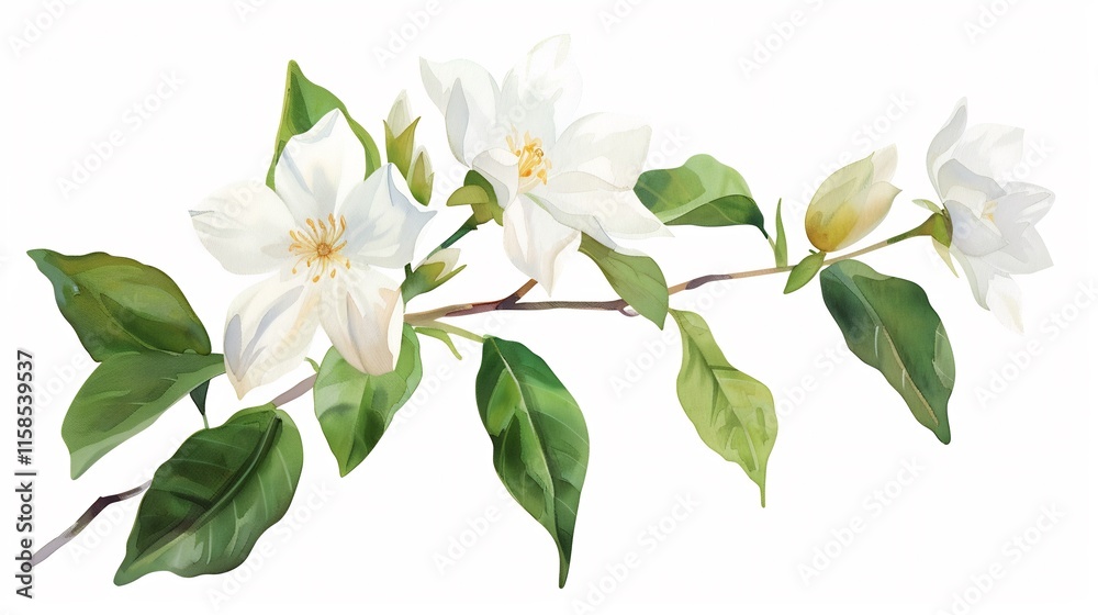 Obraz premium Elegant White Jasmine Branch: Botanical Watercolor Illustration
