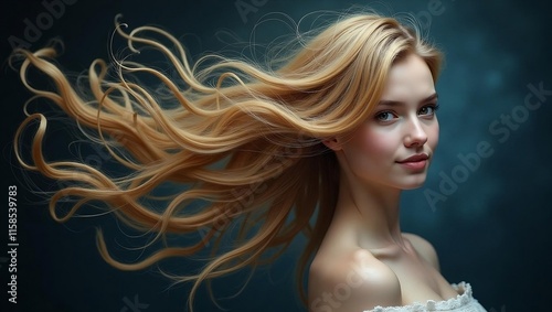 A young white-skinned woman poses with her curly hair and wide-open attractive eyes