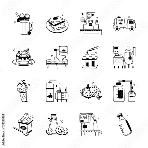 A collection of hand drawn icons depicting various stages of dairy and food production, from raw ingredients to finished products