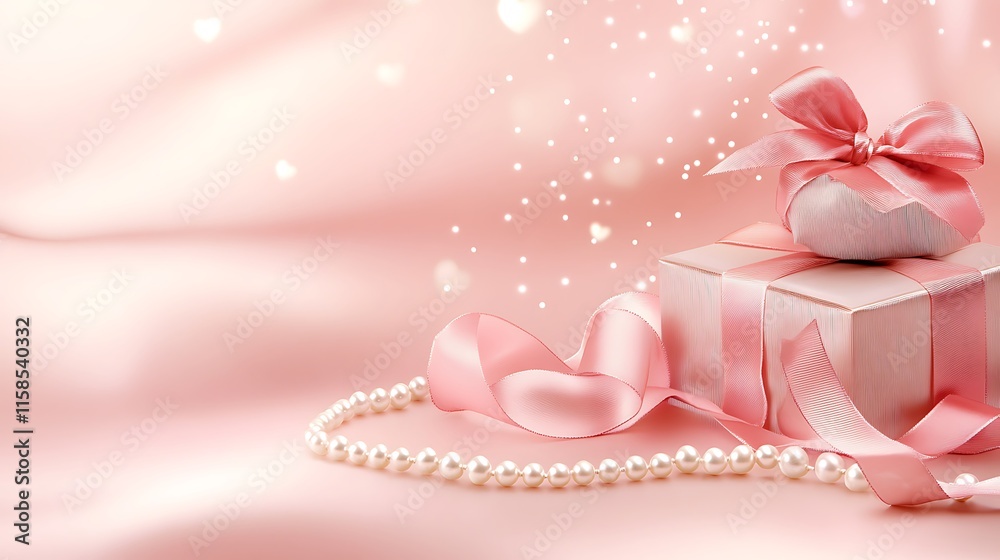 Pink gift boxes with ribbon, pearls, and bokeh lights on a pink background. Pink gift boxes with ribbon, pearls, and bokeh lights on a pink background.