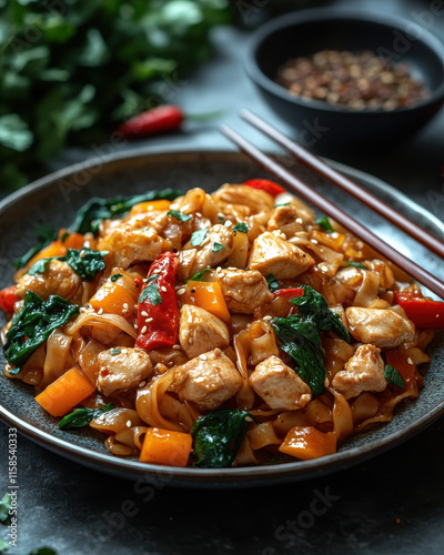 Chicken Stir Fry on Black Plate with Garnish, Food Photography in Inviting Setting for Stock Purposes