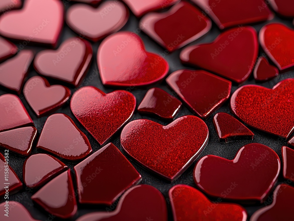 Obraz premium A vibrant collection of glossy red heart-shaped pieces on a dark surface.