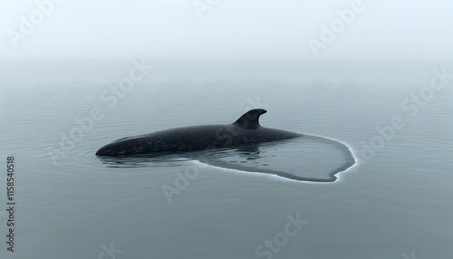 A lone whale emerges from a misty ocean, its dorsal fin visible above the calm water. Serene and minimalist aquatic scene. photo