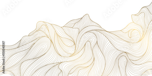 Vector line gold mountains, waves japanese style. Vintage asian poster, nature graphic wallpaper, flow ornament