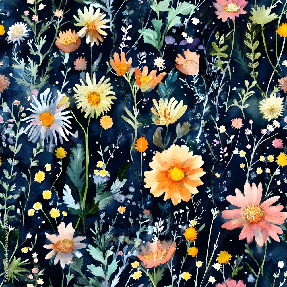 Seamless floral pattern with yellow daisies and blooming flowers in a vintage design. Seamless floral pattern with yellow daisies and blooming flowers in a vintage design.