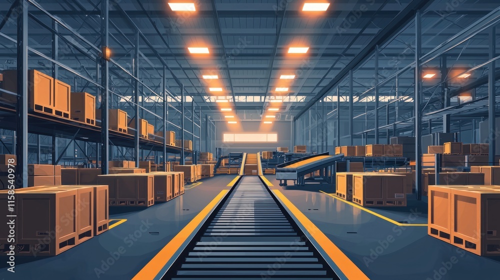 Obraz premium Modern Warehouse Interior with Conveyor Belt and Stacked Boxes in a Spacious Industrial Environment for Logistics and Supply Chain Solutions