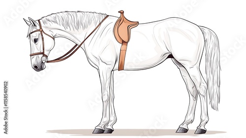 Elegant White Horse with Saddle: Detailed Equestrian Illustration AI Generated