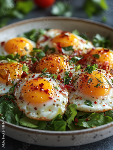 Eggs Poached with Spices, Served on Greens, Garnished with Red Pepper Flakes - Close-Up Food Shot in an Outdoor Kitchen Setting for Food Advertisement