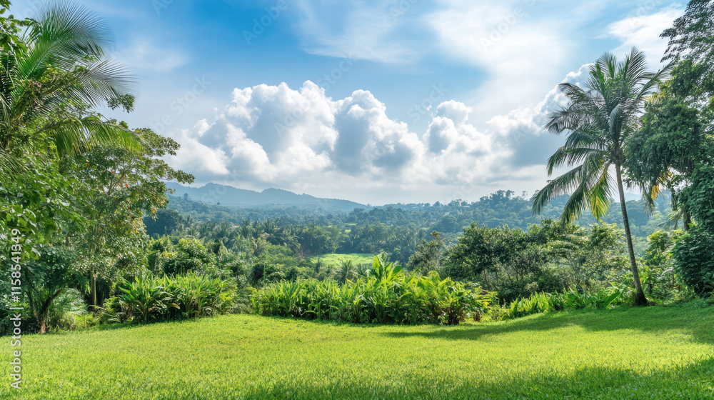 serene landscape featuring lush greenery, palm trees, and clear blue sky. vibrant scenery evokes sense of tranquility and natural beauty, perfect for relaxation serene landscape featuring lush greenery, palm trees, and clear blue sky. vibrant scenery evokes sense of tranquility and natural beauty, perfect for relaxation