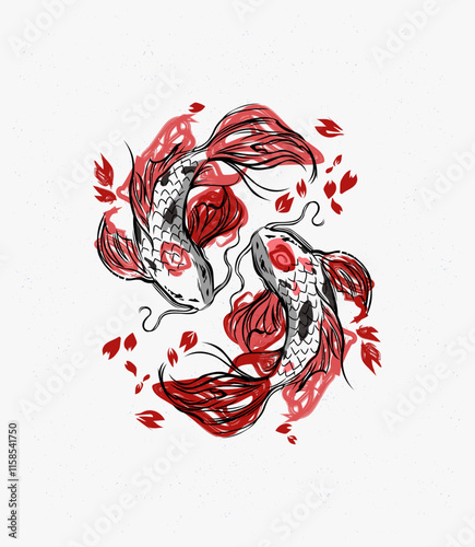 Two koi fish forming a yin-yang symbol. A traditional Japanese and Chinese icon of balance, harmony, and good fortune. Vector illustration.