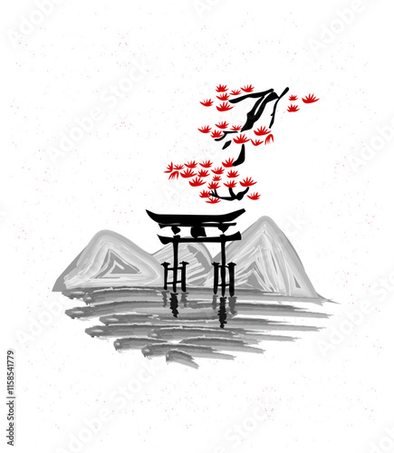 Traditional Japanese ink wash painting (sumi-e) of a landscape with a Torii gate, water, and cherry blossoms. Vector art for travel and culture.