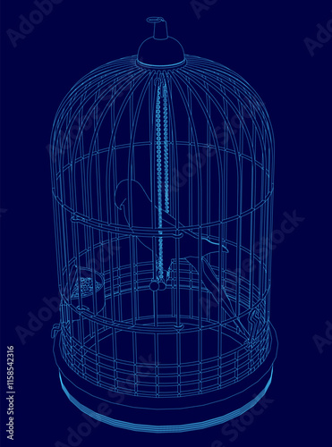 Blue bird cage with a bird inside. The cage is made of wire and has a blue color