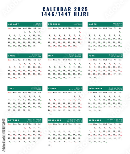 2025 Gregoria Calendar, Hijri 1446 1447 Calendar Template Vector Illustration. Clear layout with Islamic months and key dates highlighted. Perfect for personal, office, or digital use. photo