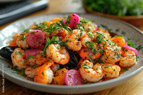 Shrimp Scampi, Cherry Tomatoes, Herbs on Wooden Table, Dining Setting for Culinary Website or Food Advertising