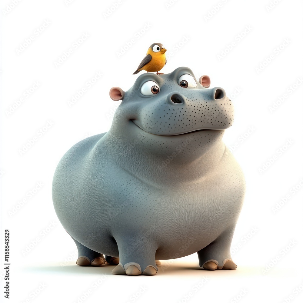 A gentle hippo with a tiny bird on its back. vector style art 3d illustration Isolated on White Background A gentle hippo with a tiny bird on its back. vector style art 3d illustration Isolated on White Background