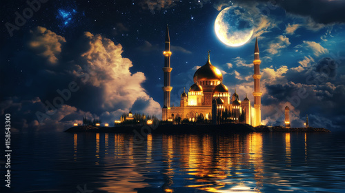 Stunning golden mosque illuminated by ethereal lights under a night sky filled with stars and a glowing moon photo