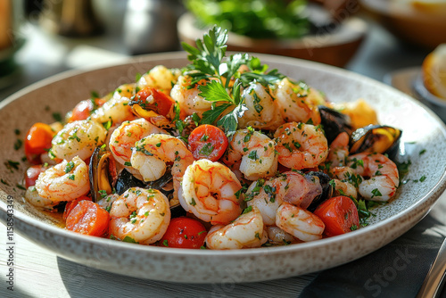 Shrimp, Cherry Tomatoes, Mushrooms, Leafy Greens, Parsley Garnish Meal on Wooden Surface, Indoor Environment