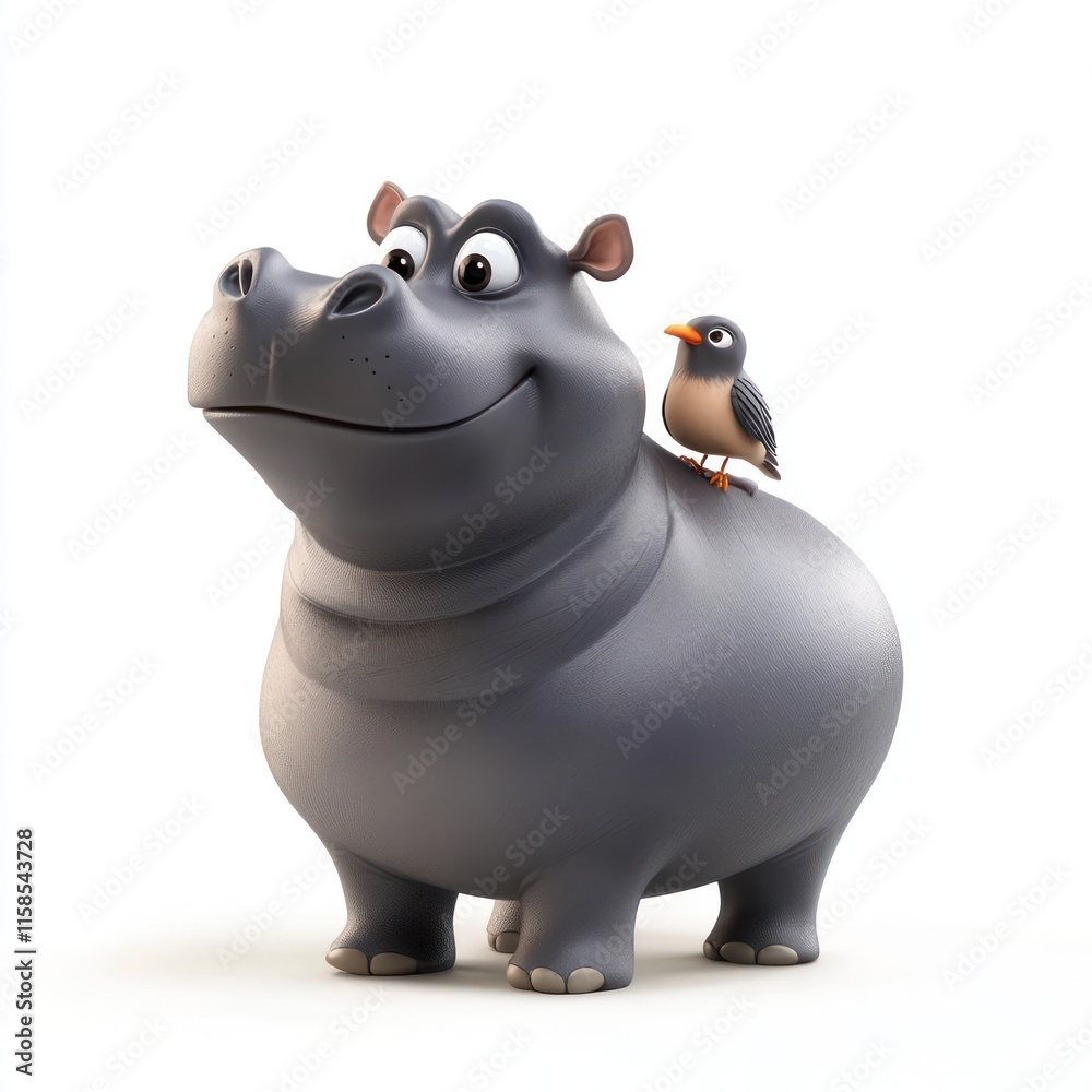 A gentle hippo with a tiny bird on its back. vector style art 3d illustration Isolated on White Background A gentle hippo with a tiny bird on its back. vector style art 3d illustration Isolated on White Background